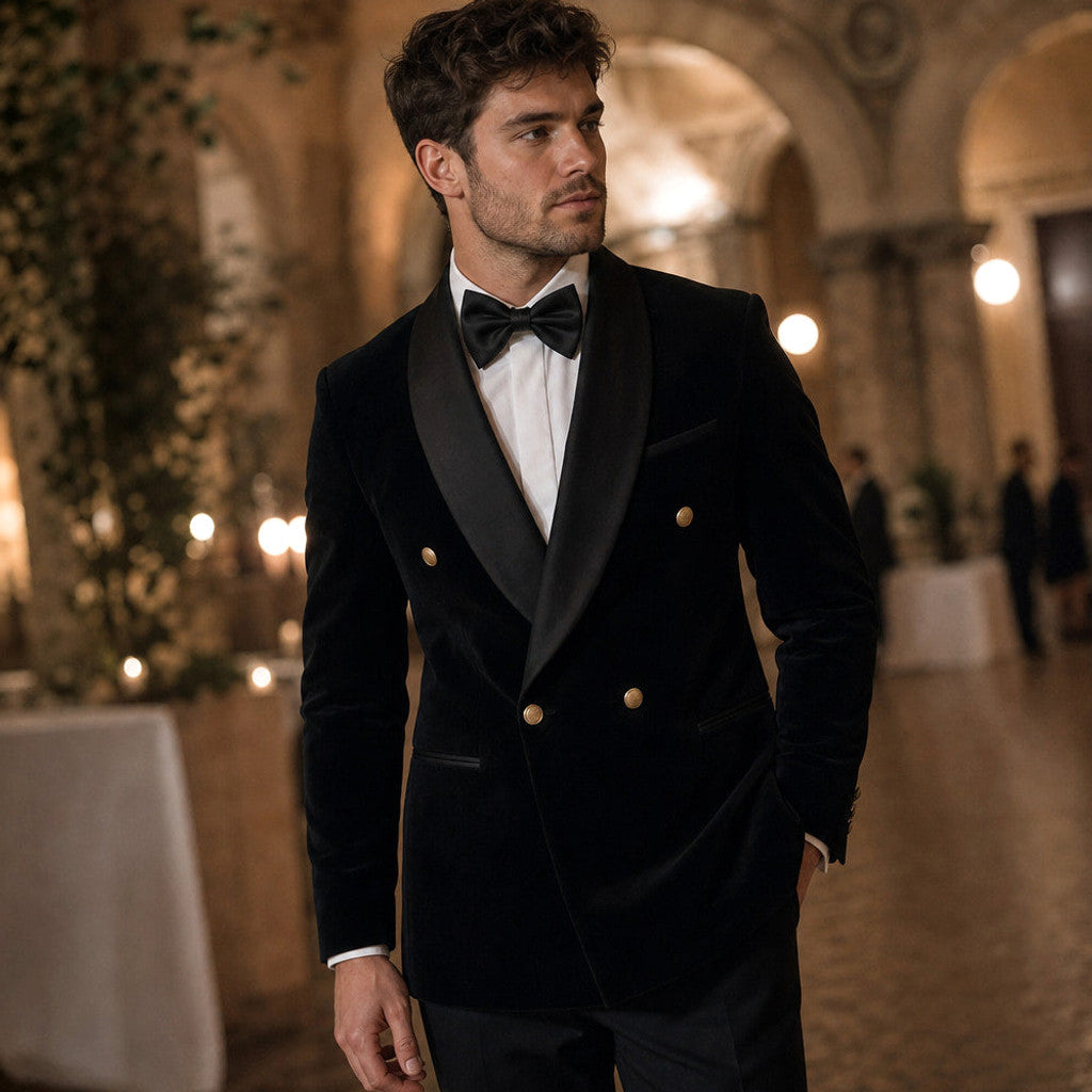 Velmar | Velvet Tuxedo Jacket Shawl Lapel Double Breasted Black – Styled Editorial Shot