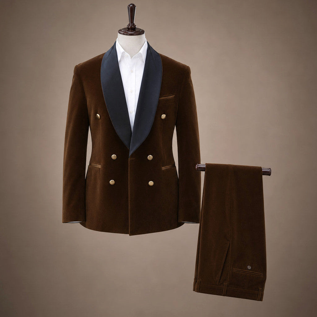Velmar | Velvet Tuxedo Jacket Shawl Lapel Double Breasted Brown – Product Photo
