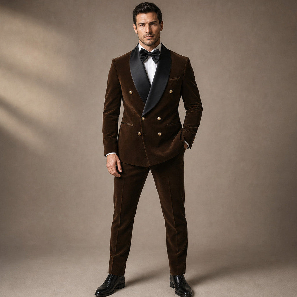 Velmar | Velvet Tuxedo Jacket Shawl Lapel Double Breasted in Brown – Premium Editorial