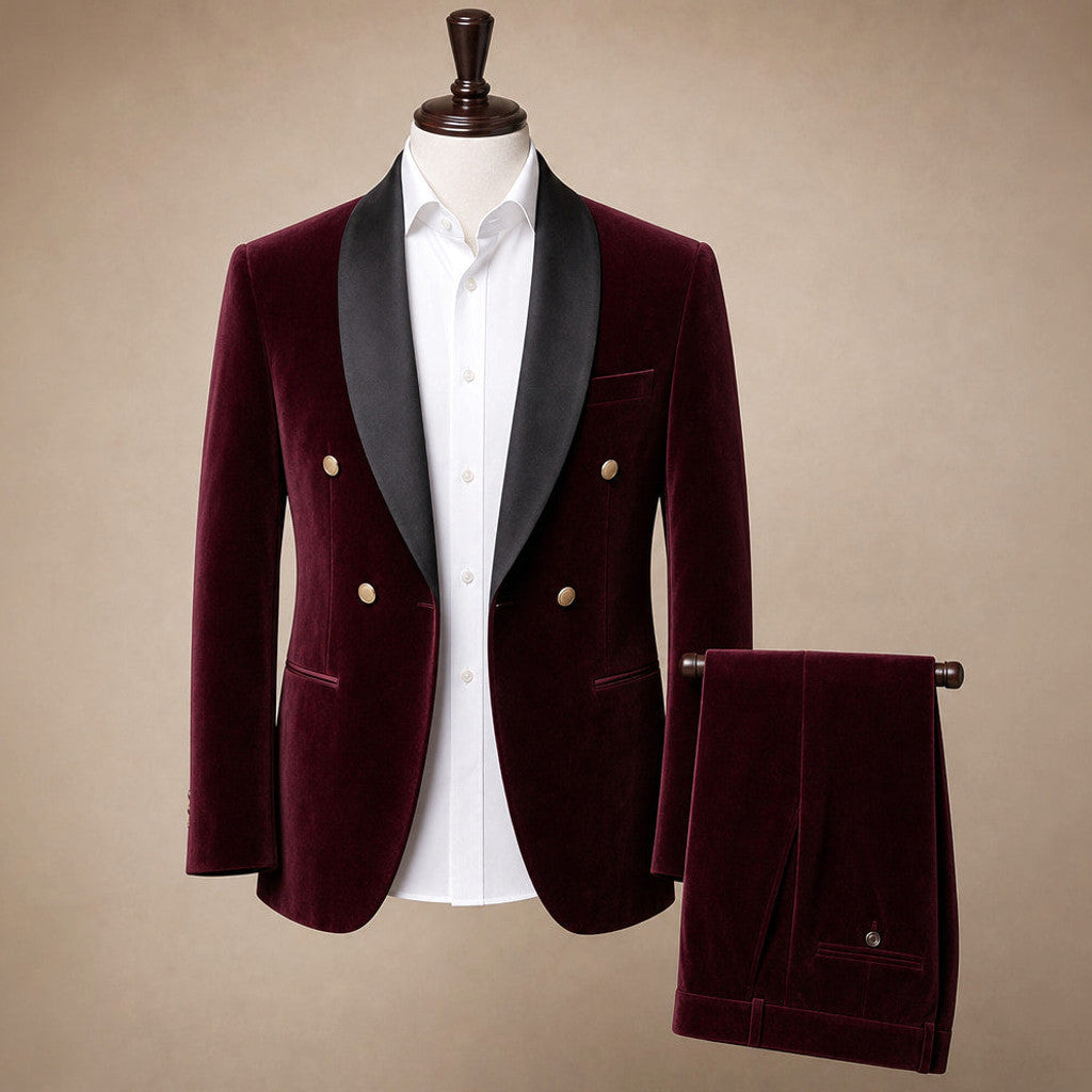 Velmar | Velvet Tuxedo Jacket Shawl Lapel Double Breasted Burgundy – Product Photo
