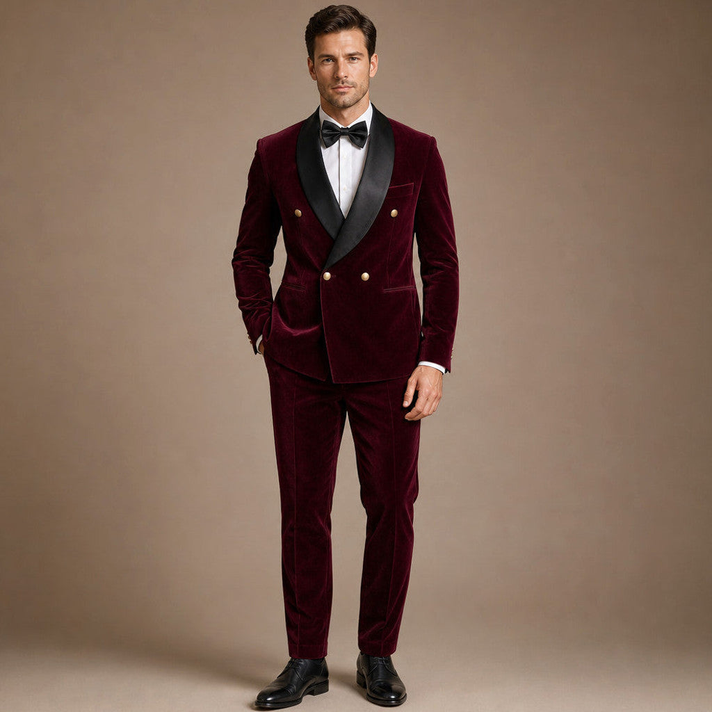 Velmar | Velvet Tuxedo Jacket Shawl Lapel Double Breasted in Burgundy – Premium Editorial
