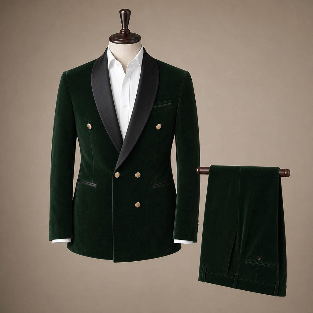 Velmar | Velvet Tuxedo Jacket Shawl Lapel Double Breasted Dark Green – Product Photo