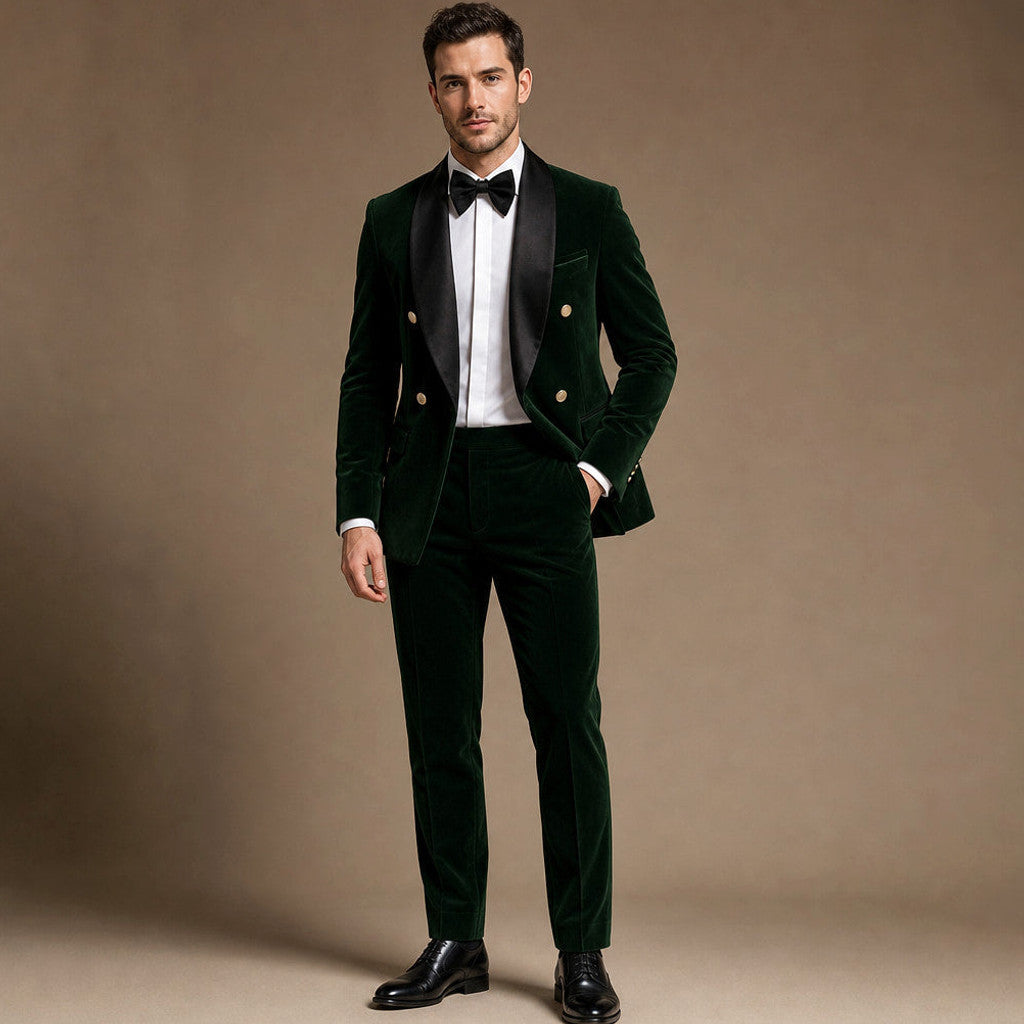 Velmar | Velvet Tuxedo Jacket Shawl Lapel Double Breasted in Dark Green – Premium Editorial