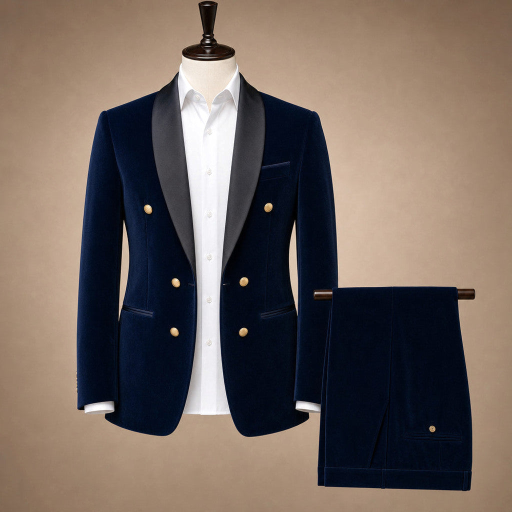 Velmar | Velvet Tuxedo Jacket Shawl Lapel Double Breasted Navy – Product Photo