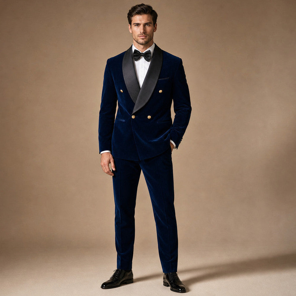 Velmar | Velvet Tuxedo Jacket Shawl Lapel Double Breasted in Navy – Premium Editorial