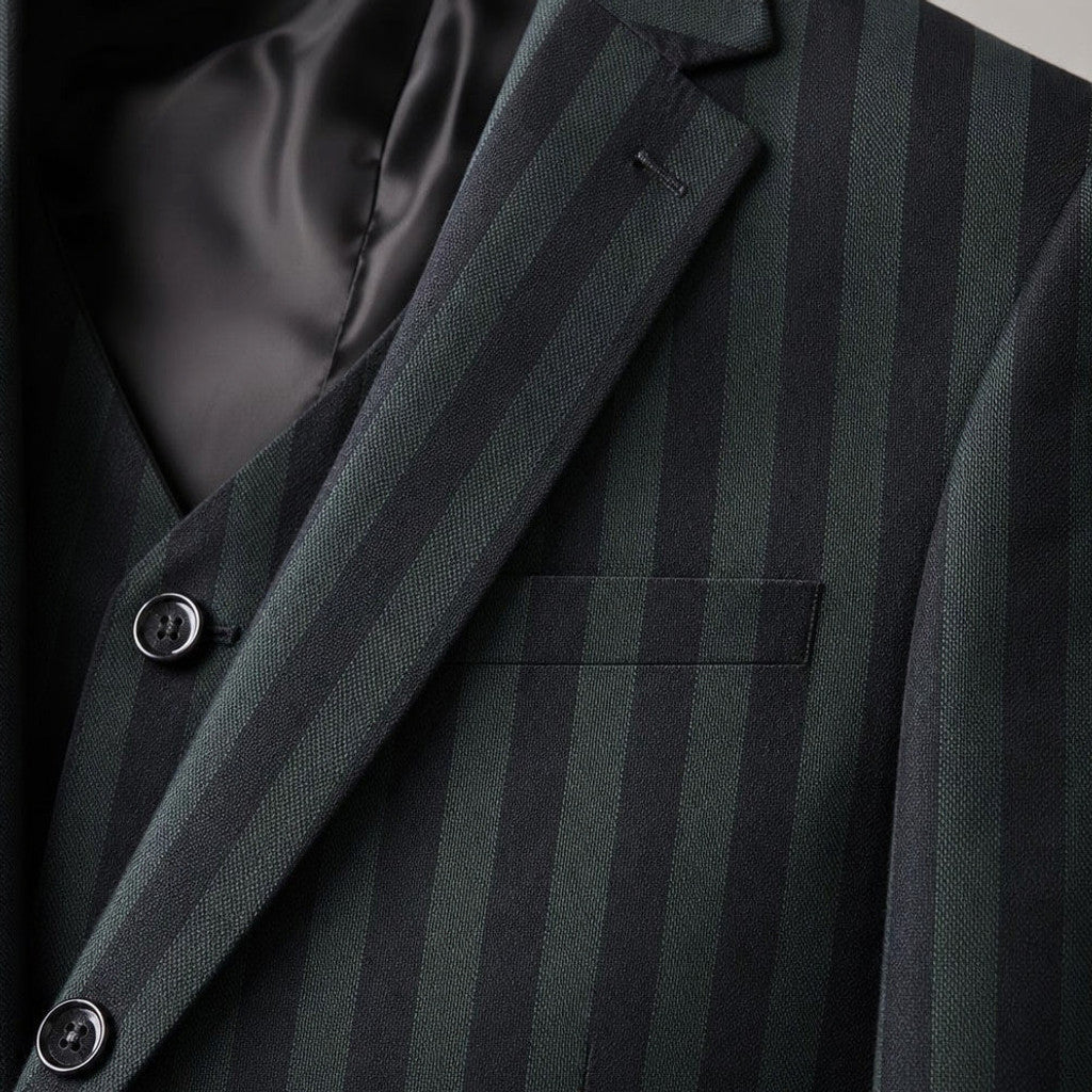 Velmont | Three Piece Suit Peak Lapel Green Green – Fabric and Detail Close-Up
