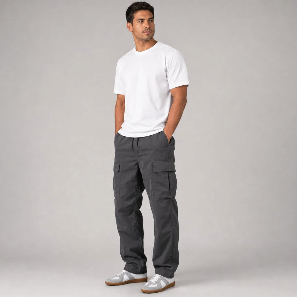 Velnax | Cargo Pants Relaxed Straight-Leg Utility Trouser Gray – Side Angle View