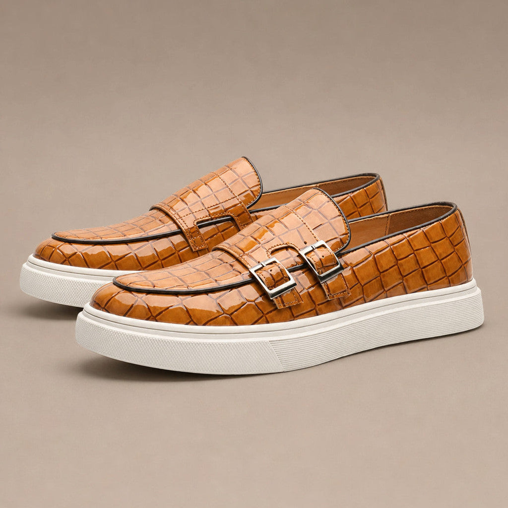 Vendrick | Loafer Shoes Croc Embossed Buckle Brown – Product Photo