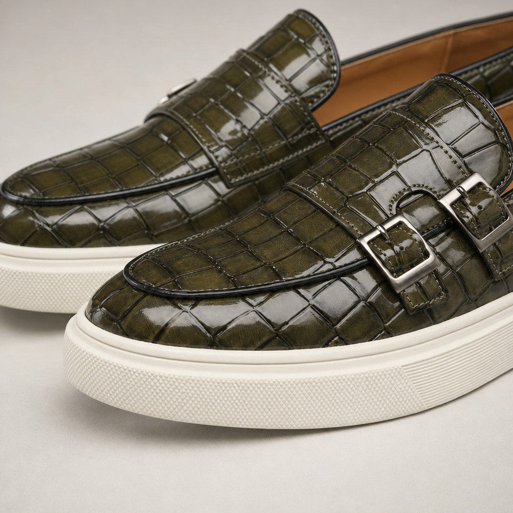 Vendrick | Loafer Shoes Croc Embossed Buckle Green – Fabric and Detail Close-Up