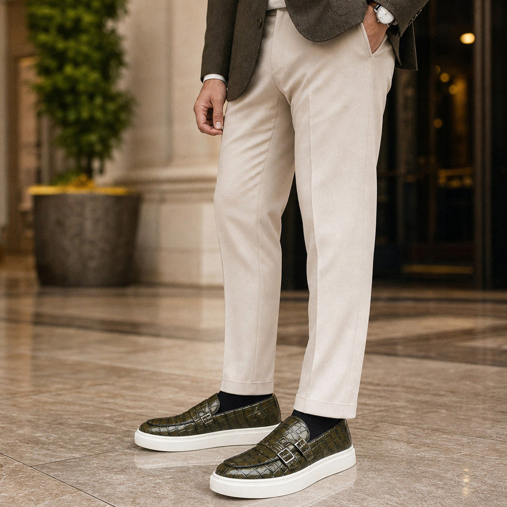 Vendrick | Loafer Shoes Croc Embossed Buckle Green – Full Look