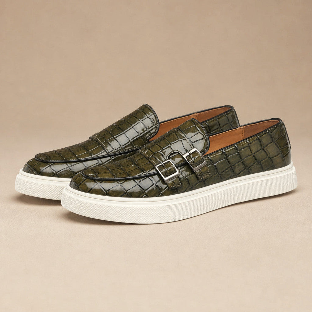 Vendrick | Loafer Shoes Croc Embossed Buckle Green – Product Photo