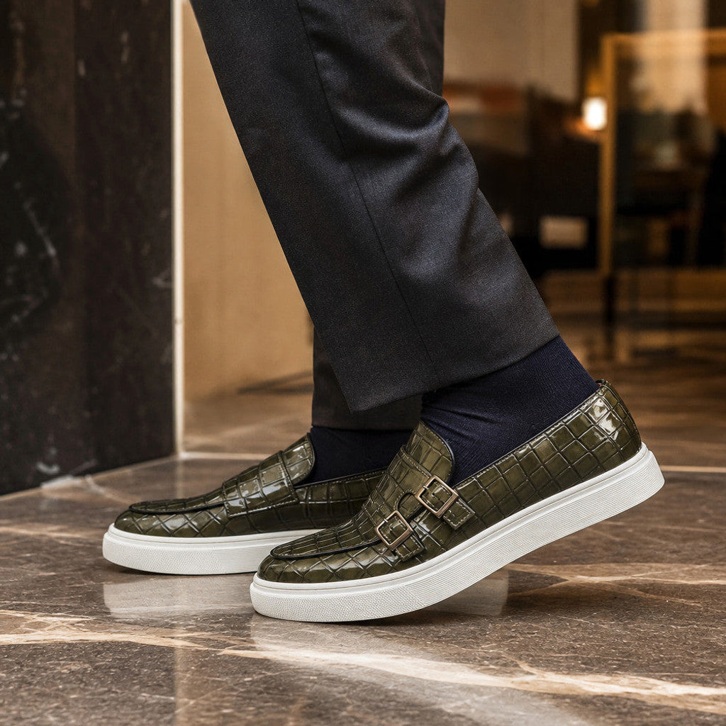 Vendrick | Loafer Shoes Croc Embossed Buckle Green – Styled Editorial Shot