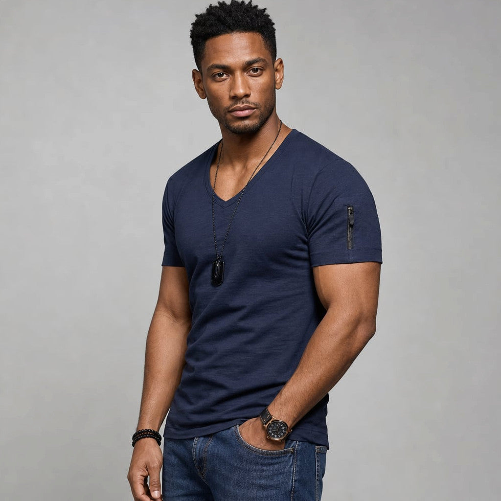 Vexarn | Fit Shirt V-Neck Muscle Tee Four-Way Stretch Marine blue – Side Angle View