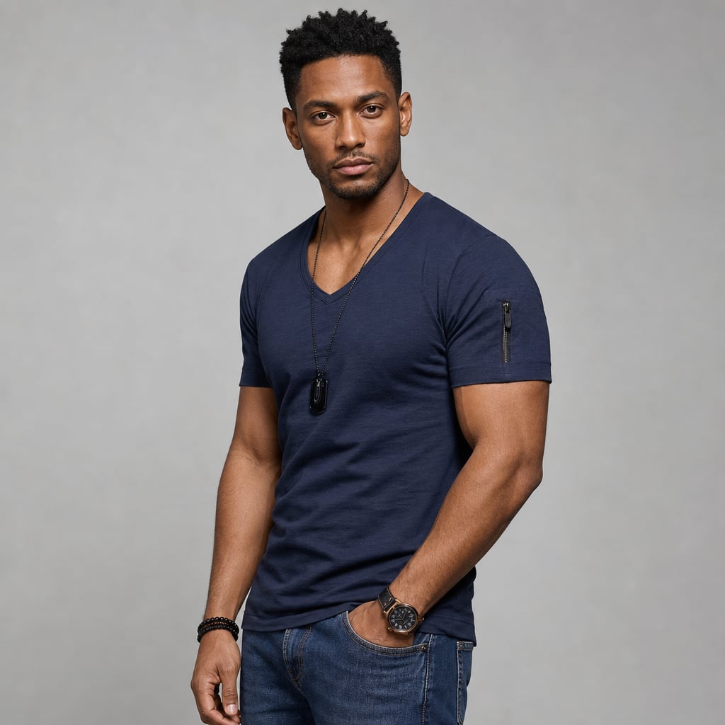 Vexarn | Fit Shirt V-Neck Muscle Tee Four-Way Stretch Marine blue – Side Angle View