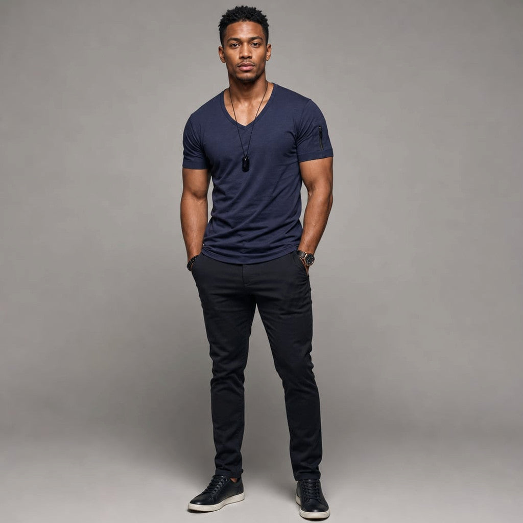 Vexarn | Fit Shirt V-Neck Muscle Tee Four-Way Stretch Marine blue – Full Look