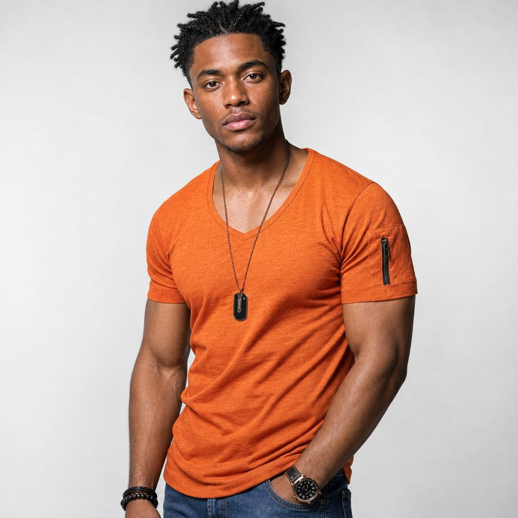 Vexarn | Fit Shirt V-Neck Muscle Tee Four-Way Stretch Orange – Product Photo