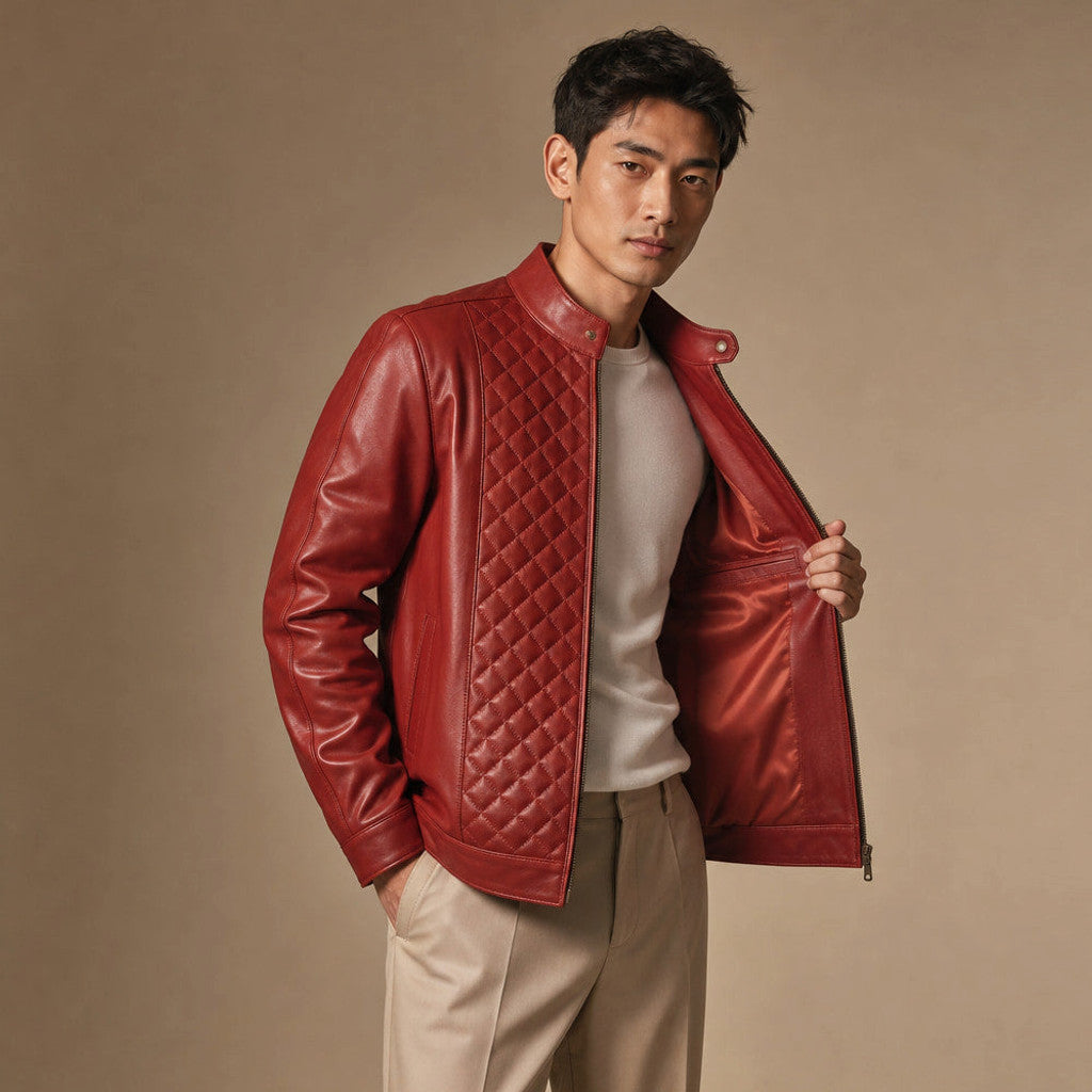 Veyland | Quilted Leather Jacket Snap Collar Scarlet Red – Side Angle View