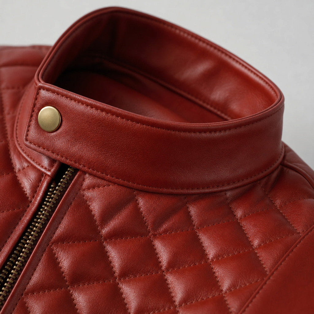 Veyland | Quilted Leather Jacket Snap Collar Scarlet Red – Fabric and Detail Close-Up
