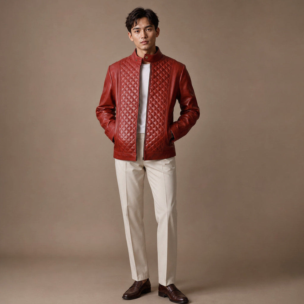 Veyland | Quilted Leather Jacket Snap Collar Scarlet Red – Full Look