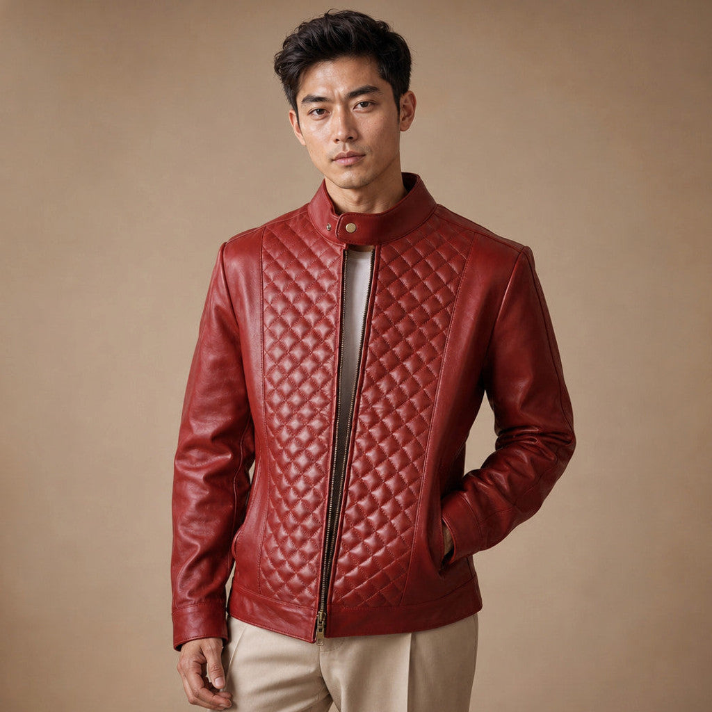Veyland | Quilted Leather Jacket Snap Collar Scarlet Red – Product Photo