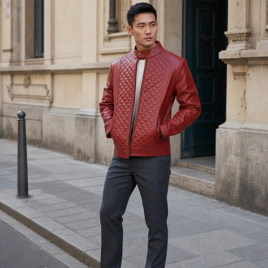 Veyland | Quilted Leather Jacket Snap Collar Scarlet Red – Styled Editorial Shot