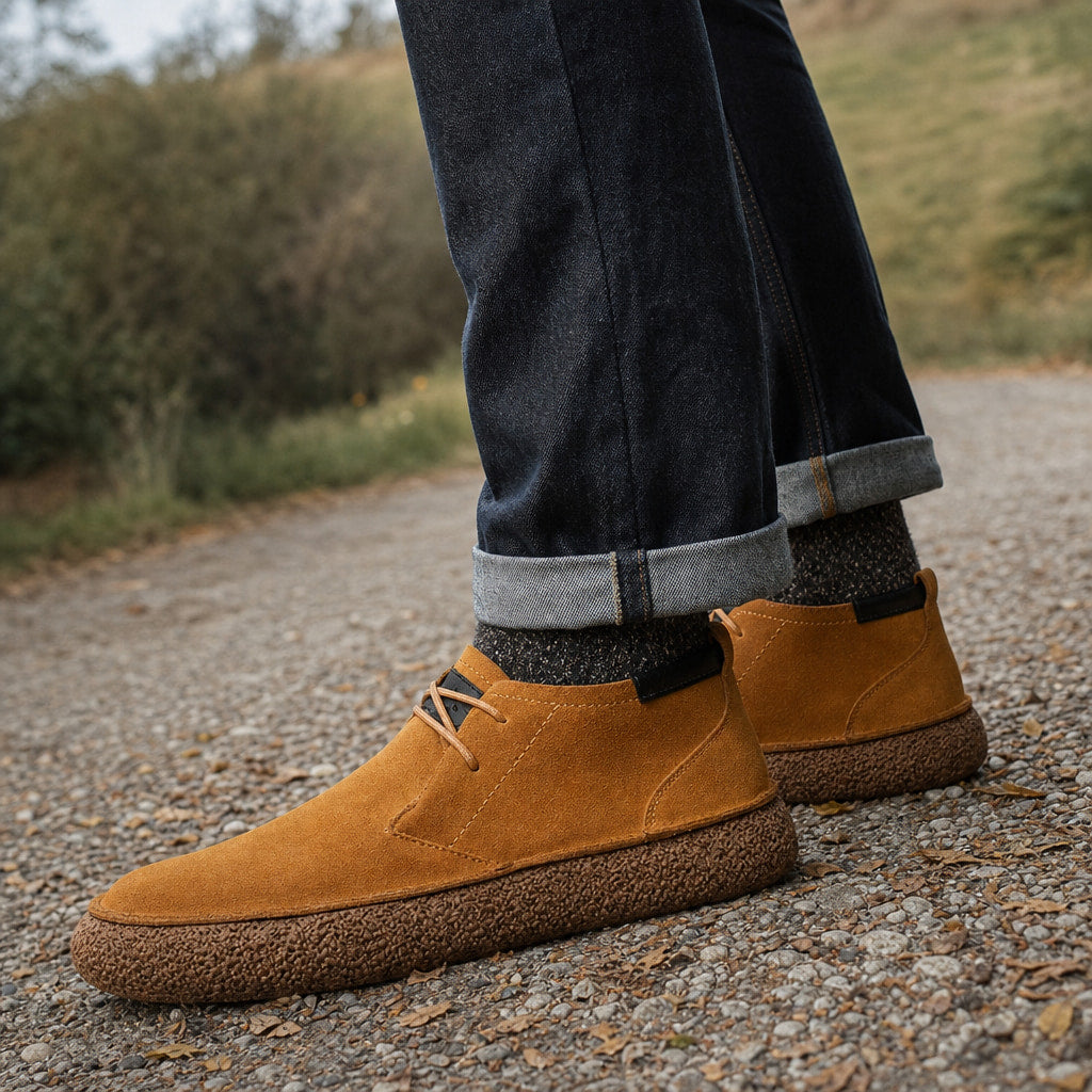 Dealer Boots Suede Crepe Sole Brown – Styled Editorial Shot