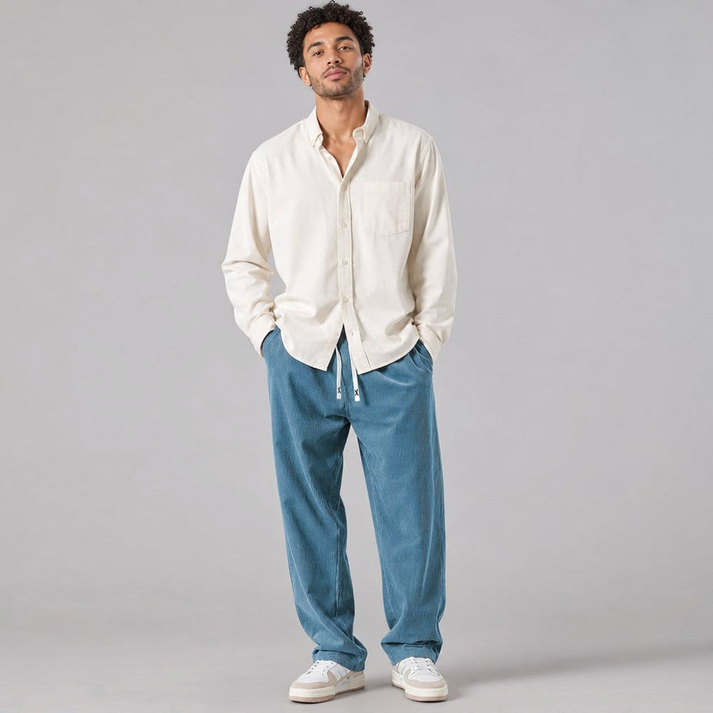 Volken | Fine-Wale Corduroy Trouser Stretch Relaxed Fit Blue – Product Photo
