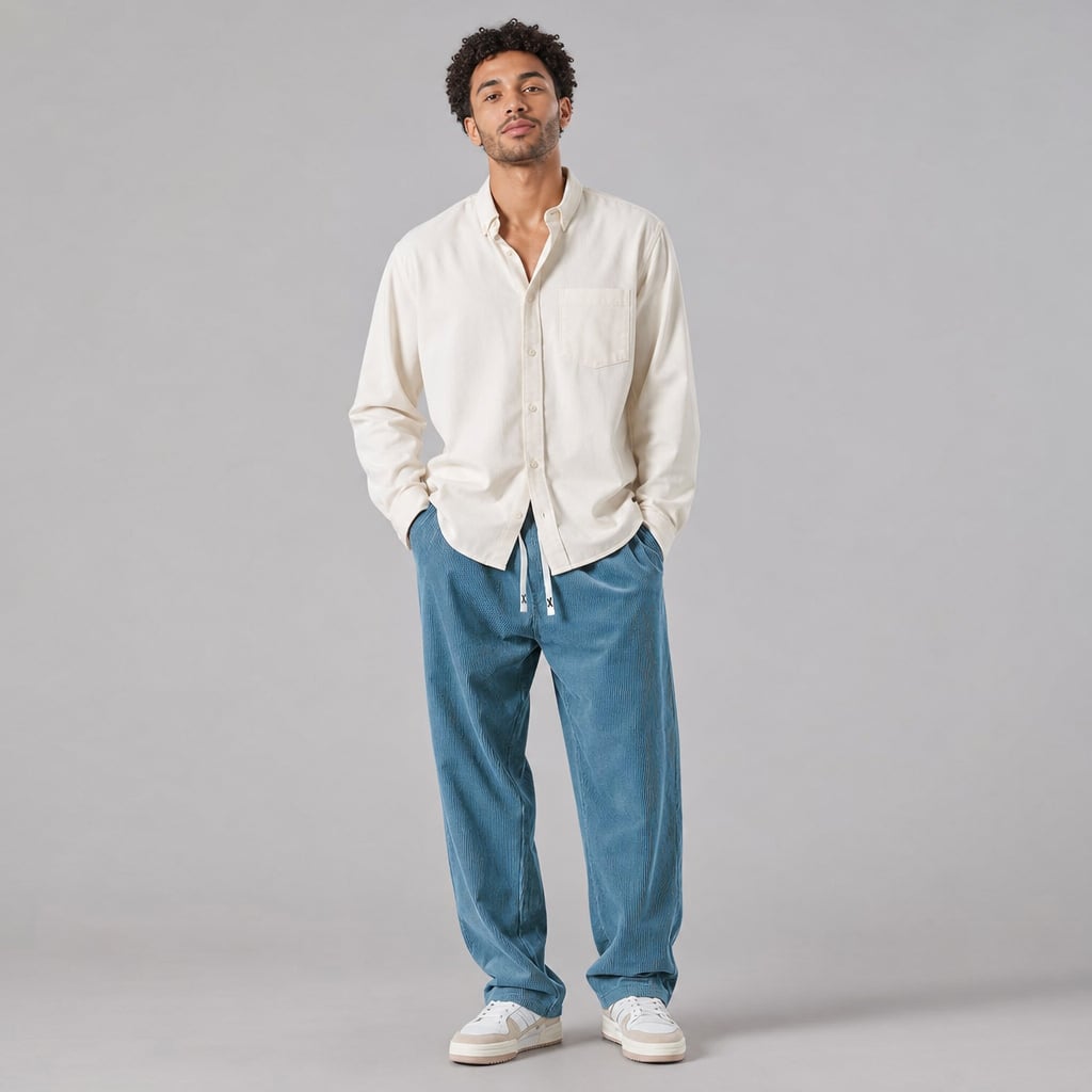Volken | Fine-Wale Corduroy Trouser Stretch Relaxed Fit Blue – Product Photo