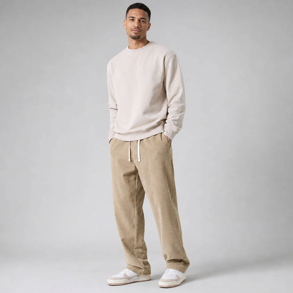 Volken | Fine-Wale Corduroy Trouser Stretch Relaxed Fit Khaki – Side Angle View