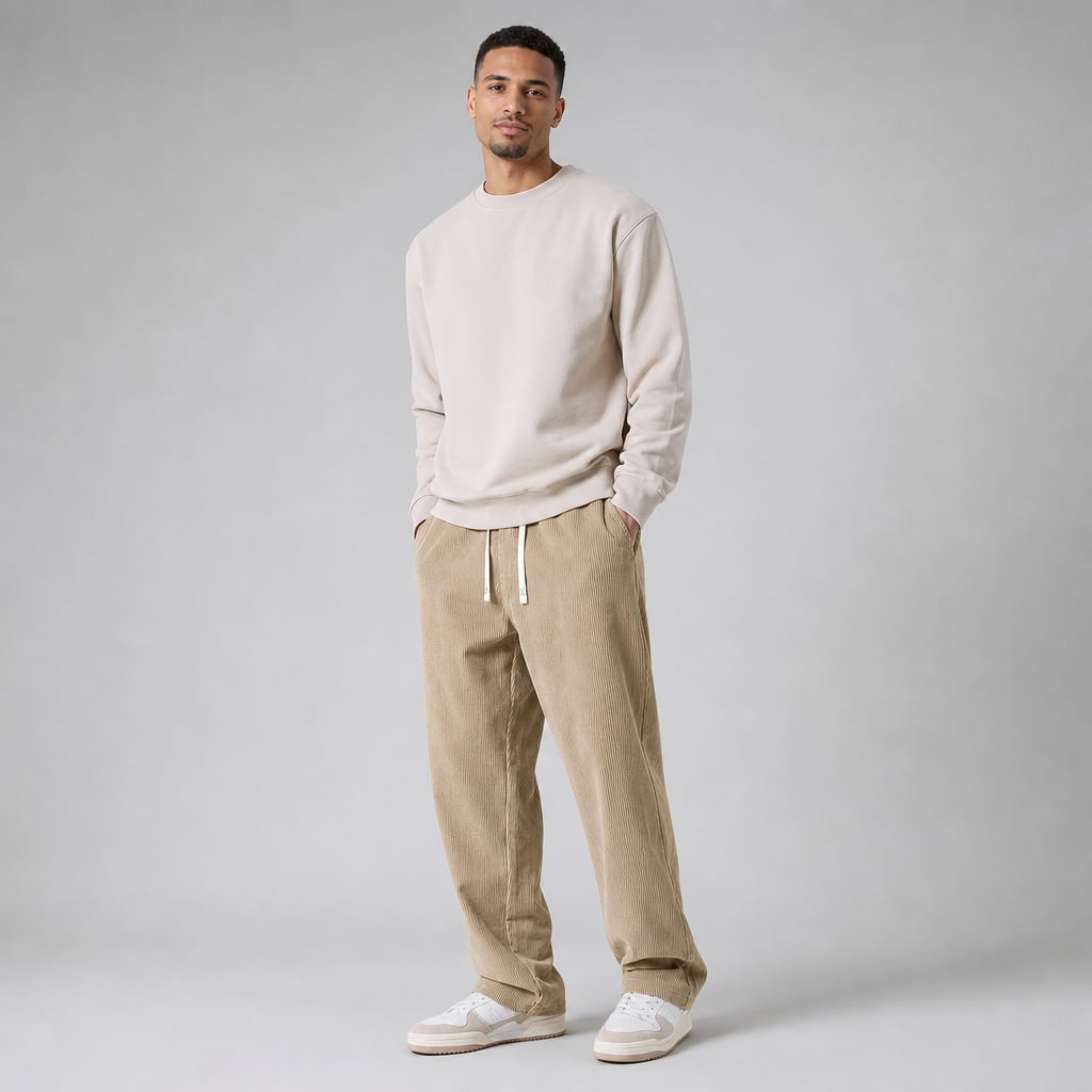 Volken | Fine-Wale Corduroy Trouser Stretch Relaxed Fit Khaki – Side Angle View
