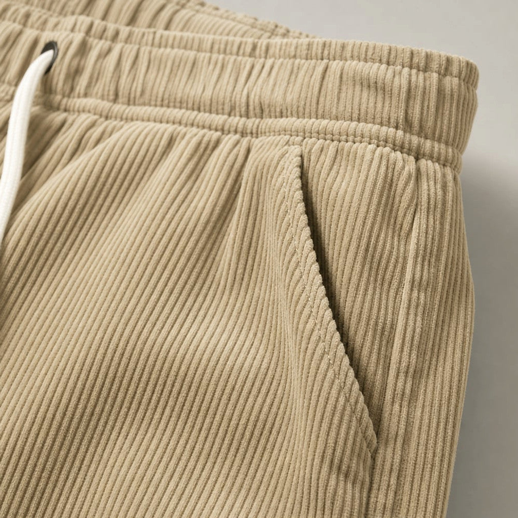 Volken | Fine-Wale Corduroy Trouser Stretch Relaxed Fit Khaki – Fabric and Detail Close-Up