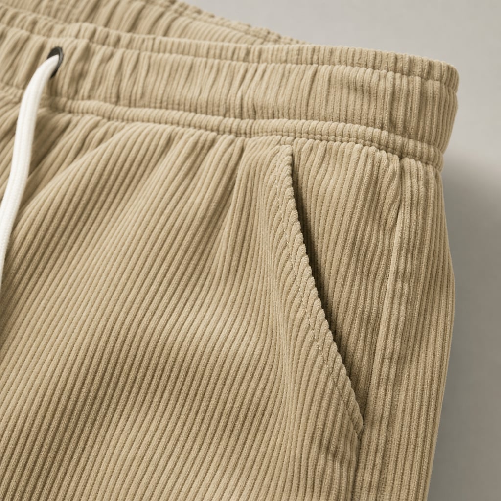 Volken | Fine-Wale Corduroy Trouser Stretch Relaxed Fit Khaki – Fabric and Detail Close-Up