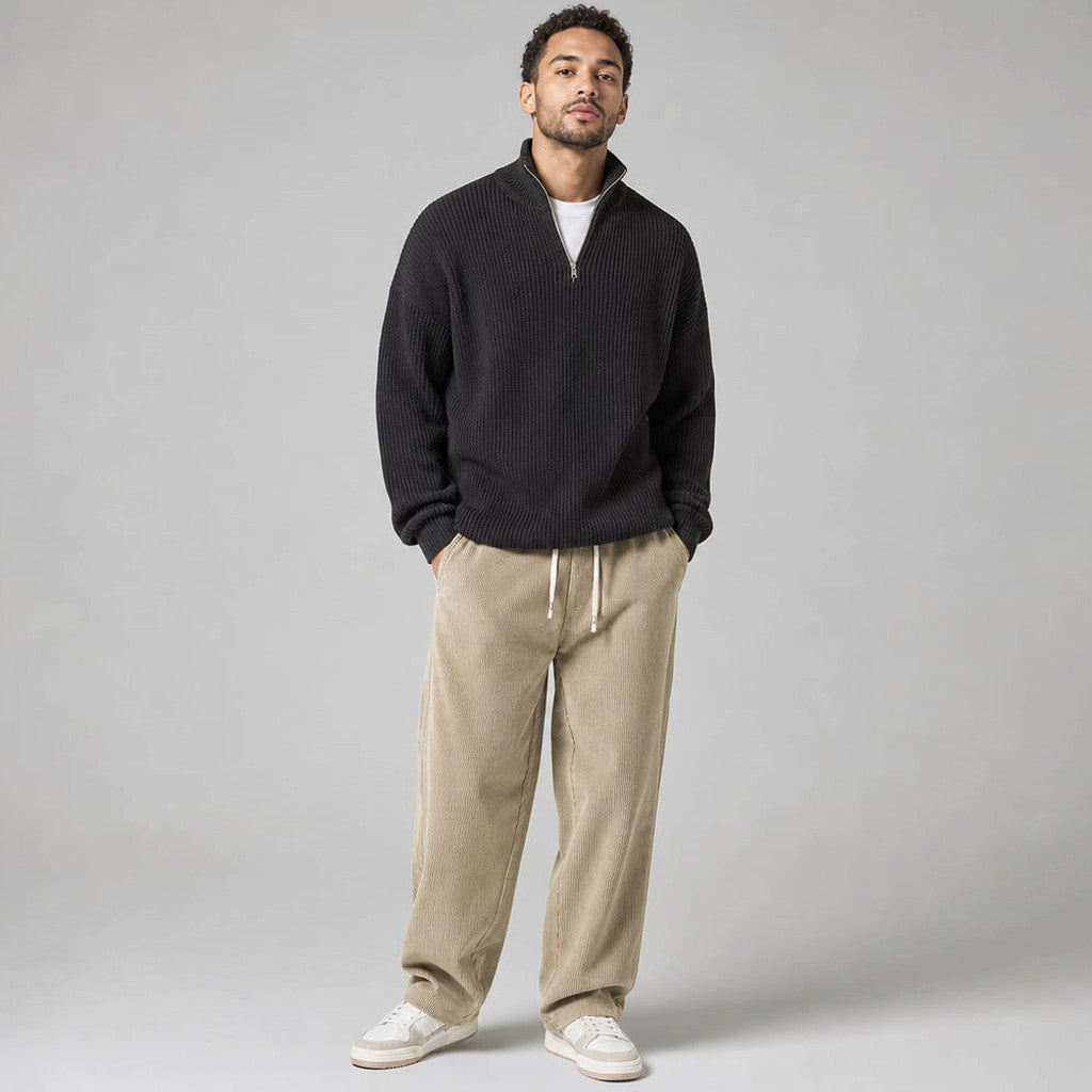 Volken | Fine-Wale Corduroy Trouser Stretch Relaxed Fit Khaki – Product Photo