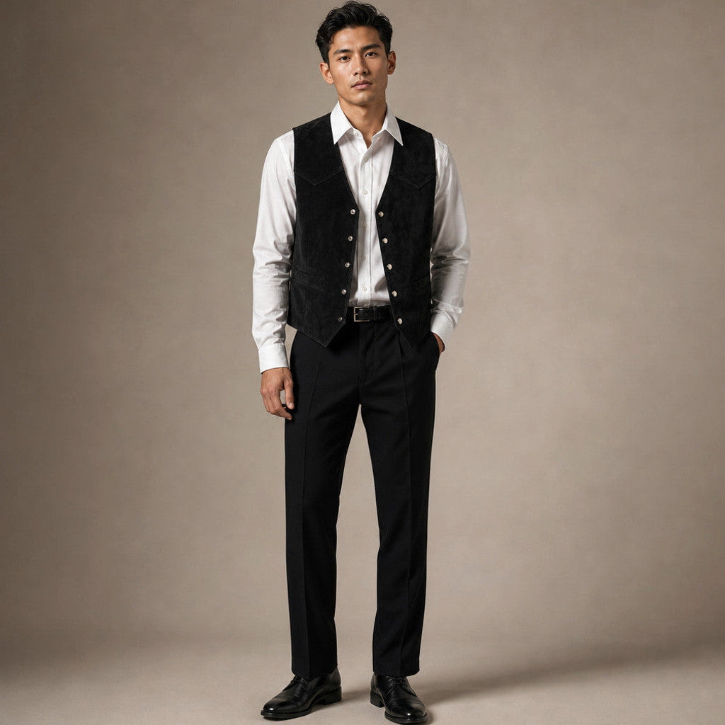 Welford | Suede Waistcoat Five Button in Black – Premium Editorial