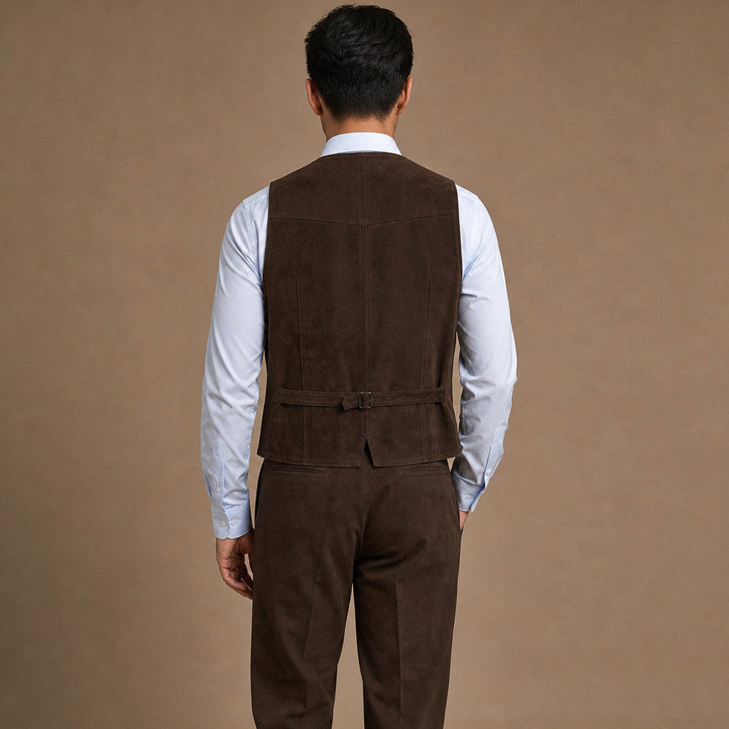 Welford | Suede Waistcoat Five Button Brown – Side Angle View