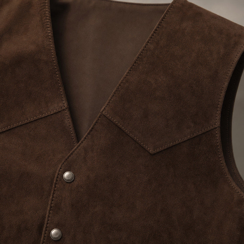 Welford | Suede Waistcoat Five Button Brown – Fabric and Detail Close-Up