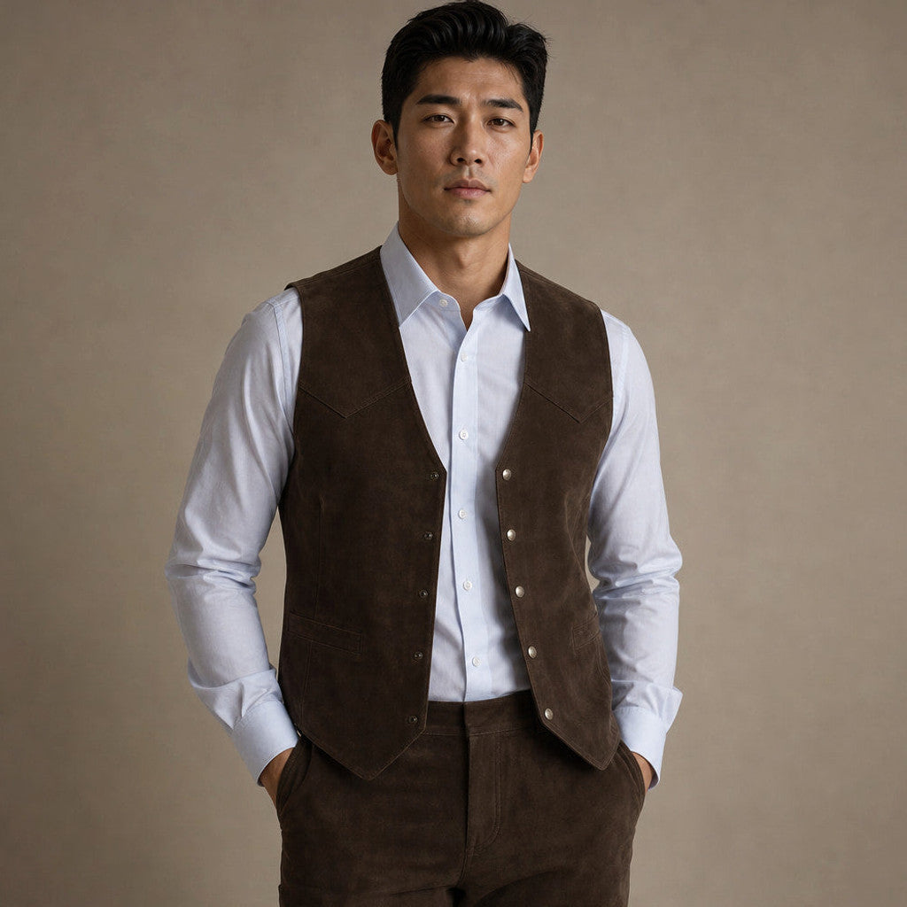 Welford | Suede Waistcoat Five Button Brown – Full Look