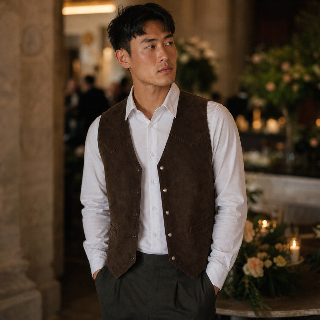 Welford | Suede Waistcoat Five Button Brown – Styled Editorial Shot