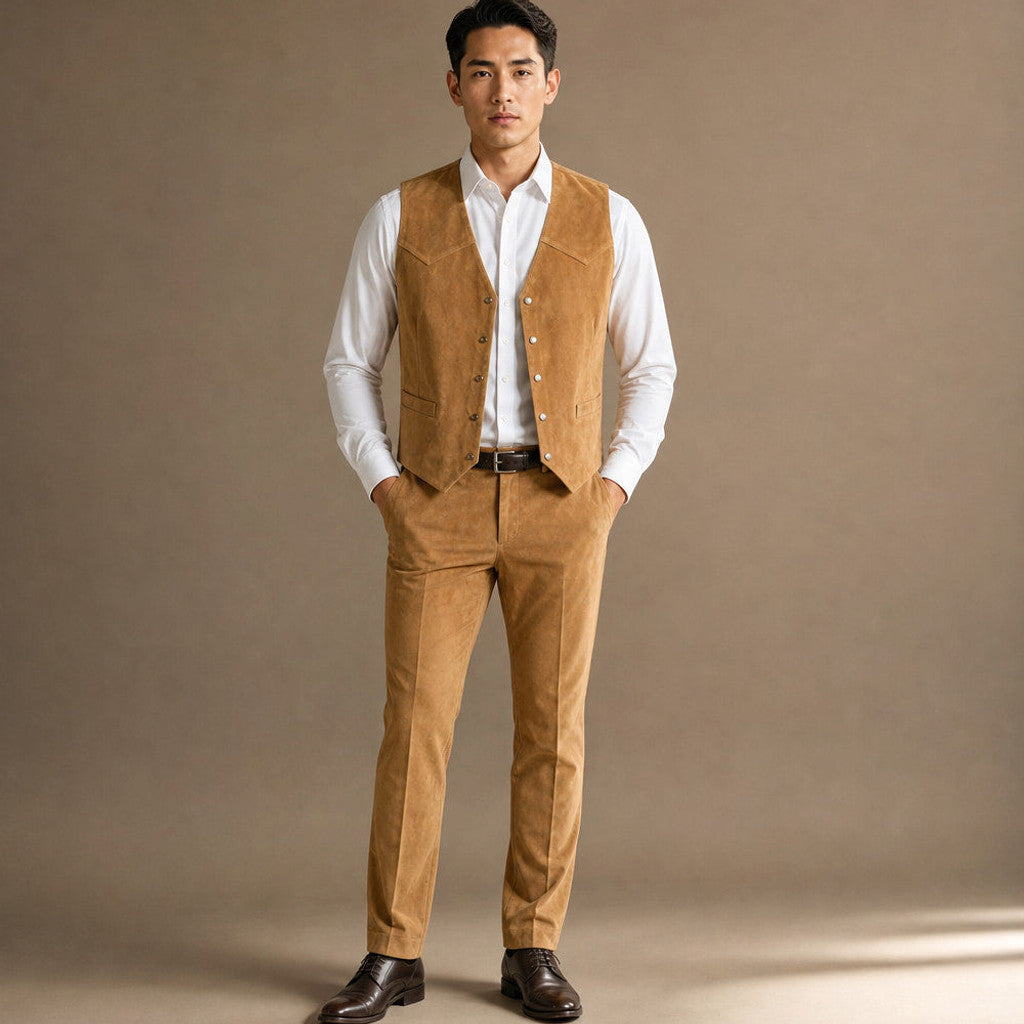 Welford | Suede Waistcoat Five Button in Khaki – Premium Editorial