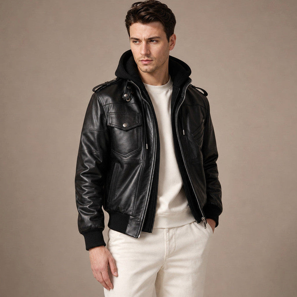 Wellington | Bomber Jacket Sheepskin Removable Hood – Product Photo