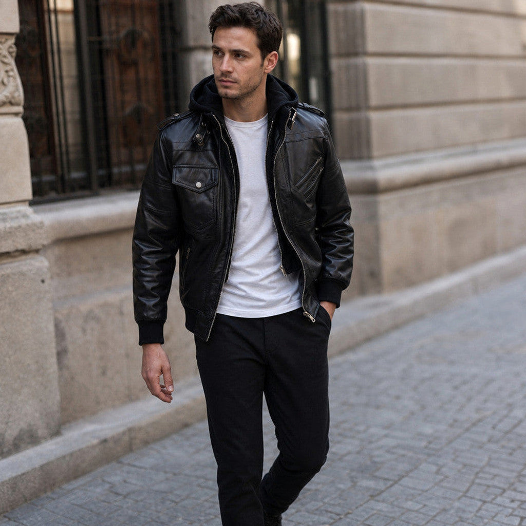 Wellington | Bomber Jacket Sheepskin Removable Hood – Product Photo