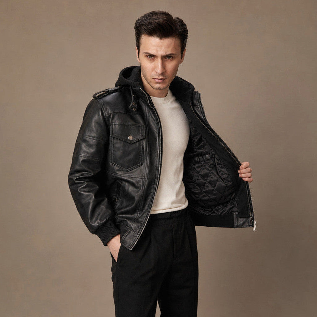 Wellington | Bomber Jacket Sheepskin Removable Hood – Product Photo