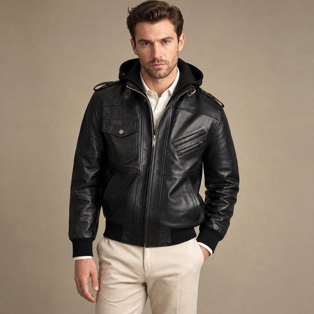 Black sheepskin leather bomber jacket with removable hood, front view