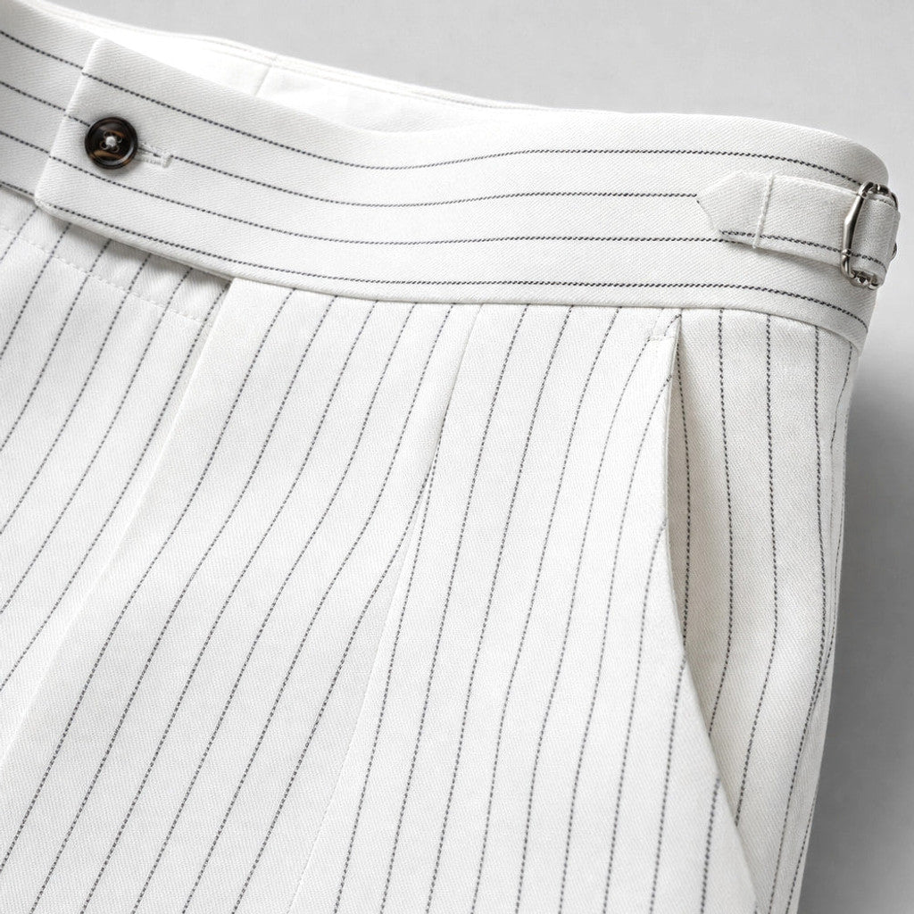 Westmere | Dress Pants Pleated Front Striped White – Fabric and Detail Close-Up