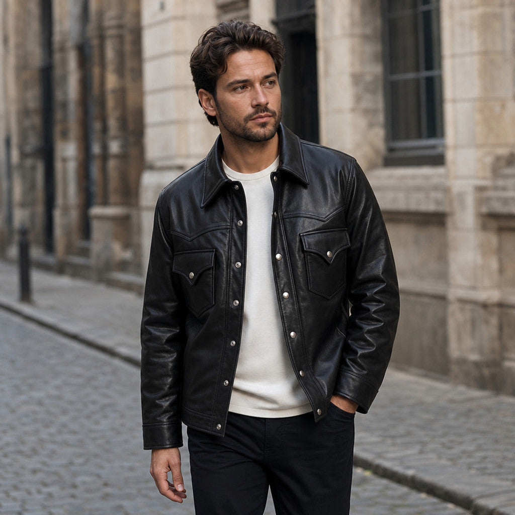 Wexford | Leather Trucker Jacket Sheepskin Black – Product Photo