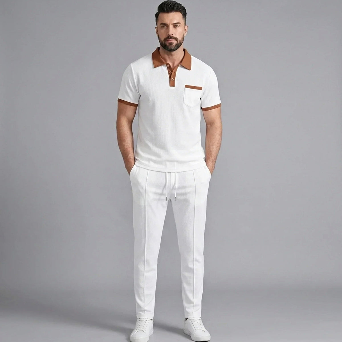 Falcren | Matching Set Waffle Knit Polo Straight-Leg Trousers