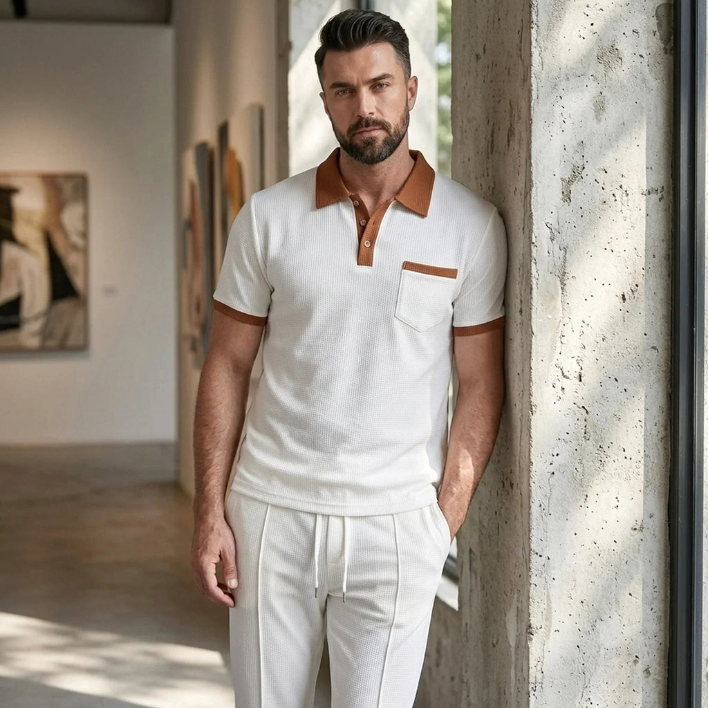 Falcren | Matching Set Waffle Knit Polo Straight-Leg Trousers