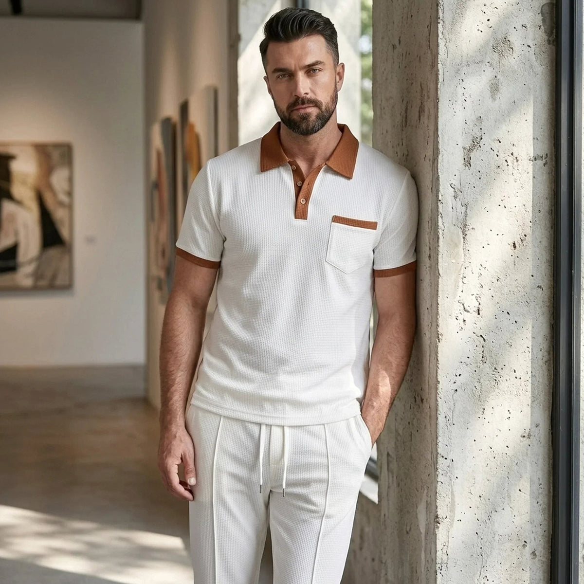 Falcren | Matching Set Waffle Knit Polo Straight-Leg Trousers