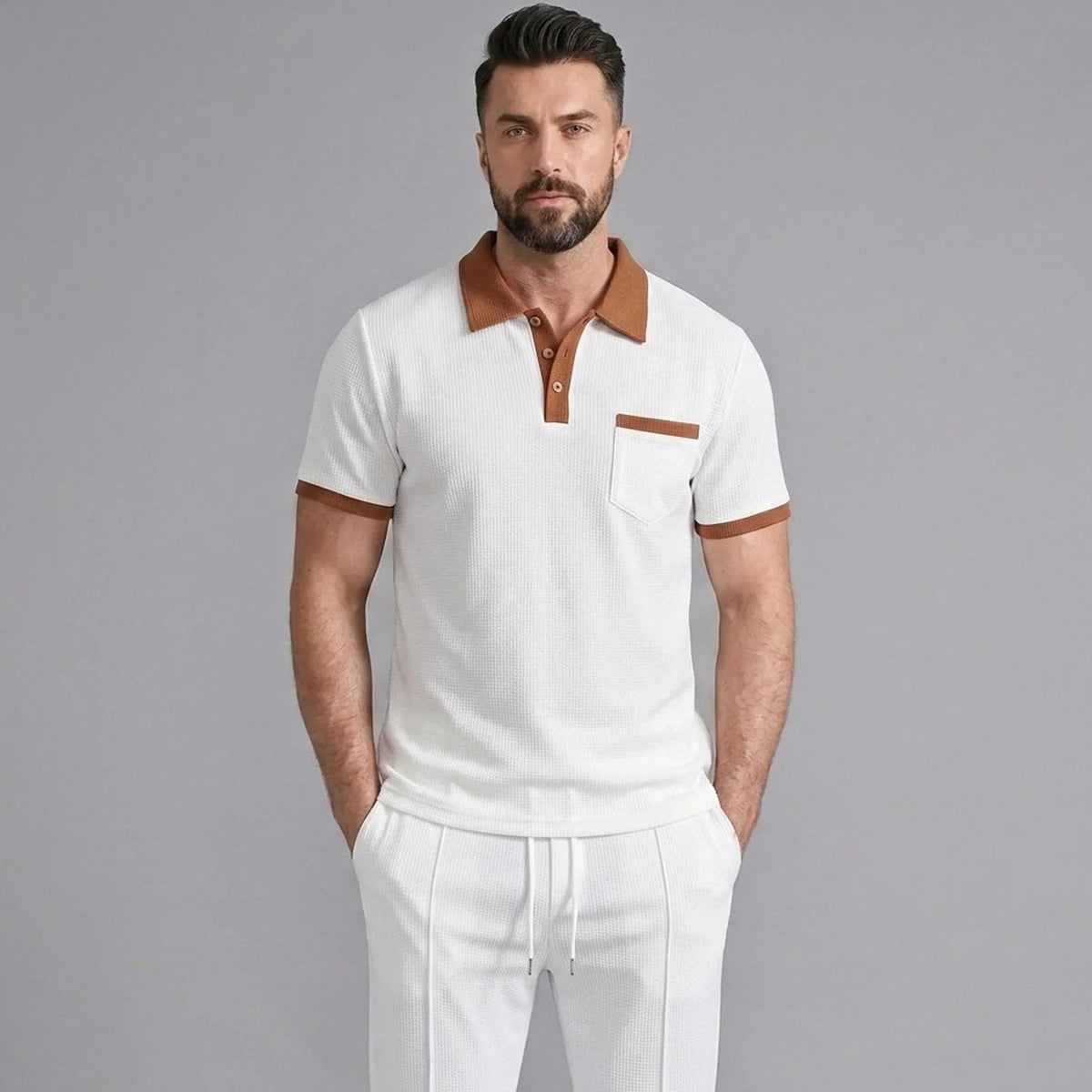 Falcren | Matching Set Waffle Knit Polo Straight-Leg Trousers