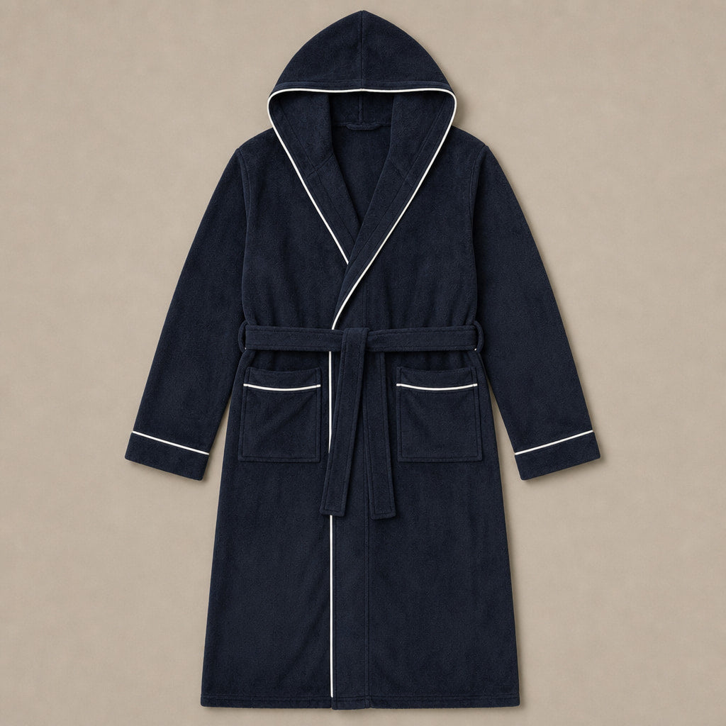 Hooded Bathrobe Plush Fleece Navy Blue – Product Photo